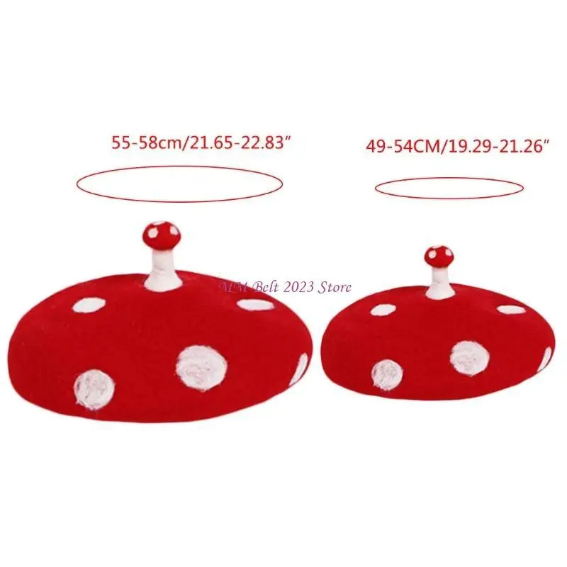 49ME نساء فتاة قبعة الفنان الفرنسي الدافئة الصوف قبعة شتوية قبعة خمر نقطة بيضاء النقاط لطيف صغير الفطر قبعة الشتاء قبعة