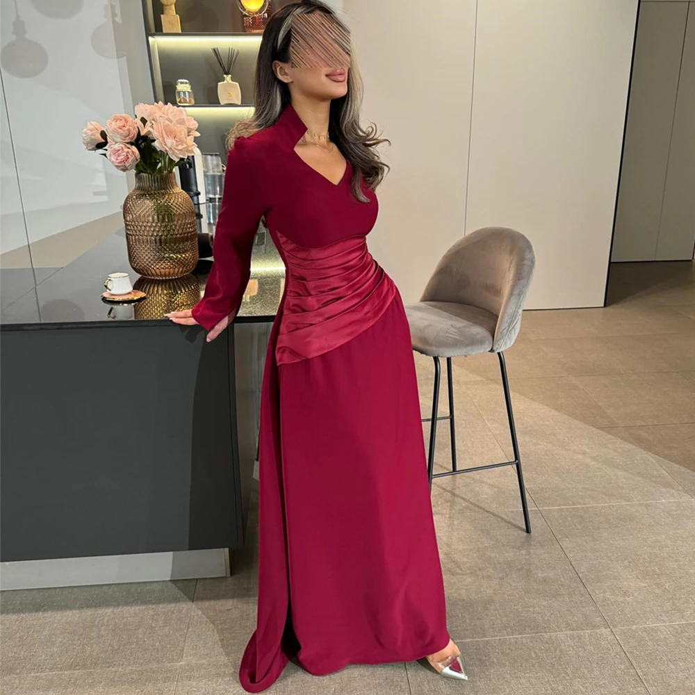 Vestido de noche clásico de Jersey con cuello en V, vestidos de fiesta sencillos de manga larga, tren de barrido delicado, vestidos personalizados para ocasiones especiales