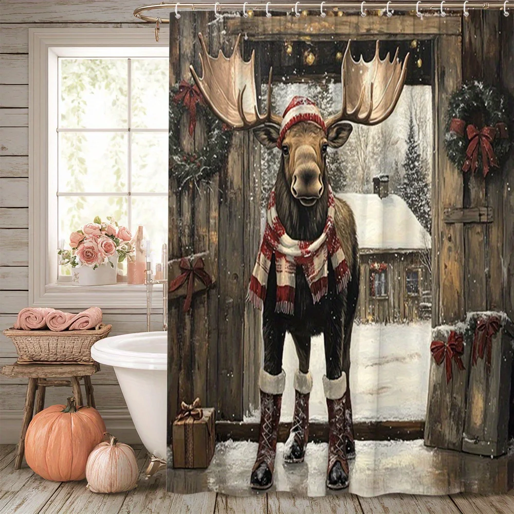Rustic Christmas Reindeer Forest Scene Shower Curtain Bathroom Decor Holiday Woodland Animals Shower Curtain
