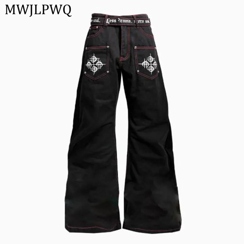 

MWJLPWQ Niche Machete Ribbon Spliced Design Jeans For Men High Street Slimming Versatile High-End Hiphop Women Casual Pant 11354