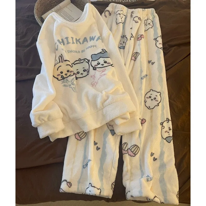 Chiikawa Japanese Style Women Pajama Set, Autumn Fleece Thick Warm Daily Wear Cute Cartoon Student Homewear Sleepwear Set
