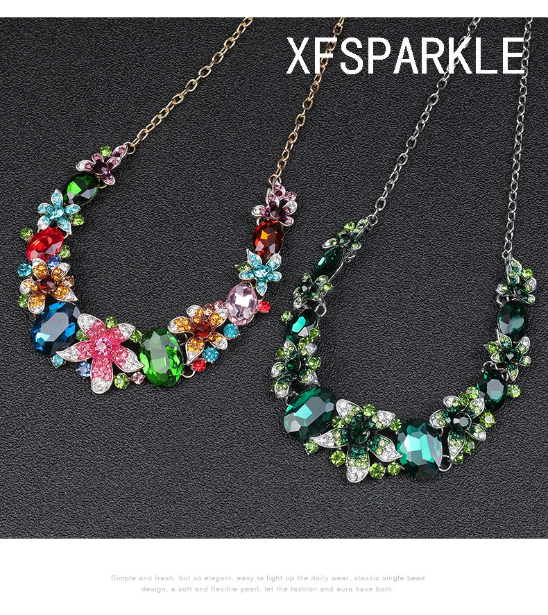 Summer new European necklace earrings two-piece set exaggerated retro crystal color pattern