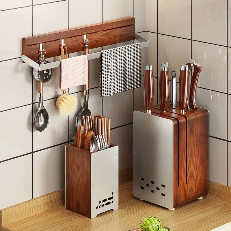 

‌ Деревянный блок ножей в деревенском стиле — универсальный кухонный органайзер, держатель из нержавеющей стали для ложек и палочек для еды, настенный монтаж