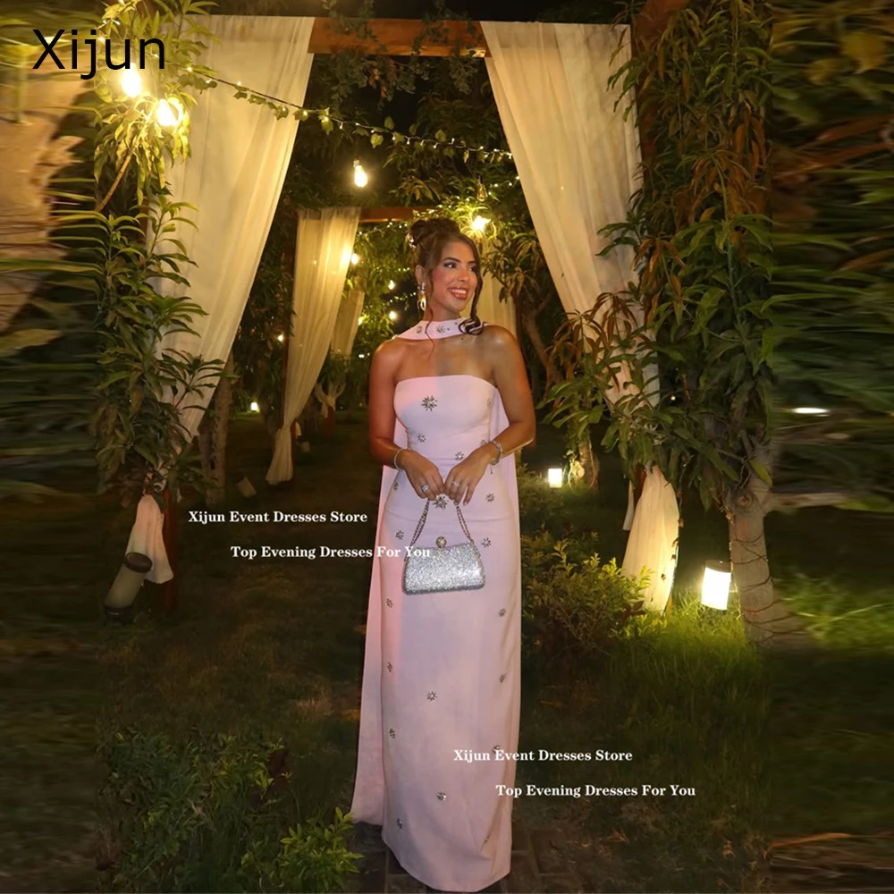 

Xijun Pink Mermaid Crepe Evening Dresses Crystal Scarf Formal Prom Dresses Saudi Arabic Sleeveless Prom Gowns 2025 Customized