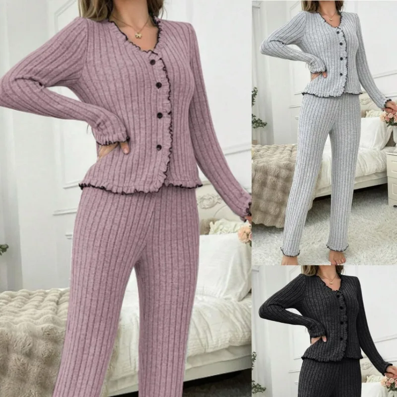 

Autumn and Winter Women's Pyjamas Elegant Scalloped Hem Button-Front Cardigan Long-Sleeved Top Trousers Set Warm Homewear