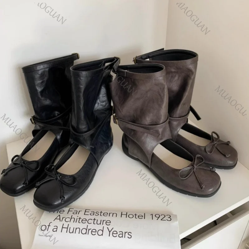 

Retro Bow Womens Mary Jane Shoes Summer Breathable Leather Mid Calf Boots for Ladies Woman Fashion Versatile Designer Footwears