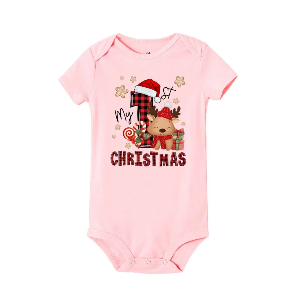 My First Christmas&deer Print Baby Romper Casual Short Sleeve Infant Bodysuit Round Neck Fashion Newborn Jumpsuit Christmas Gift