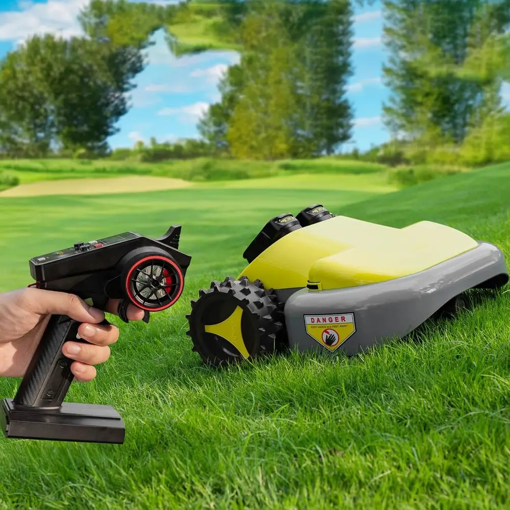 

All-Wheel Drive Electric RC Lawn Mower, 45° Slope Capability, Adjustable Cutting Height, Dual 3Ah Batteries for Up to 60 Minutes