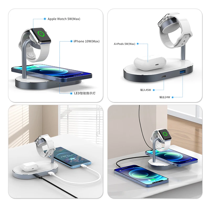

Wireless charger base for smartphones, watches, and earphones with fast charging