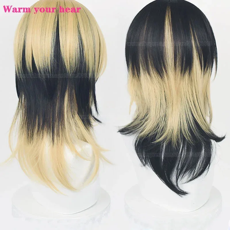 High Quality Synthetic 50cm Long Rindou Ran Haitani Cosplay Anime Black Golden Heat Resistant Party Wigs + A Wig Capv;2,r'6;t.