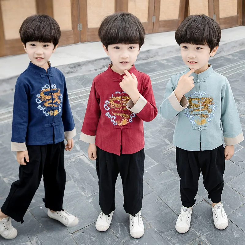 Chinese Style Boys Clothing Sets Hanfu Photo Clothes Sets Spring Autumn Suit For Girls Children Linen Kid Suit Toddler Costumes