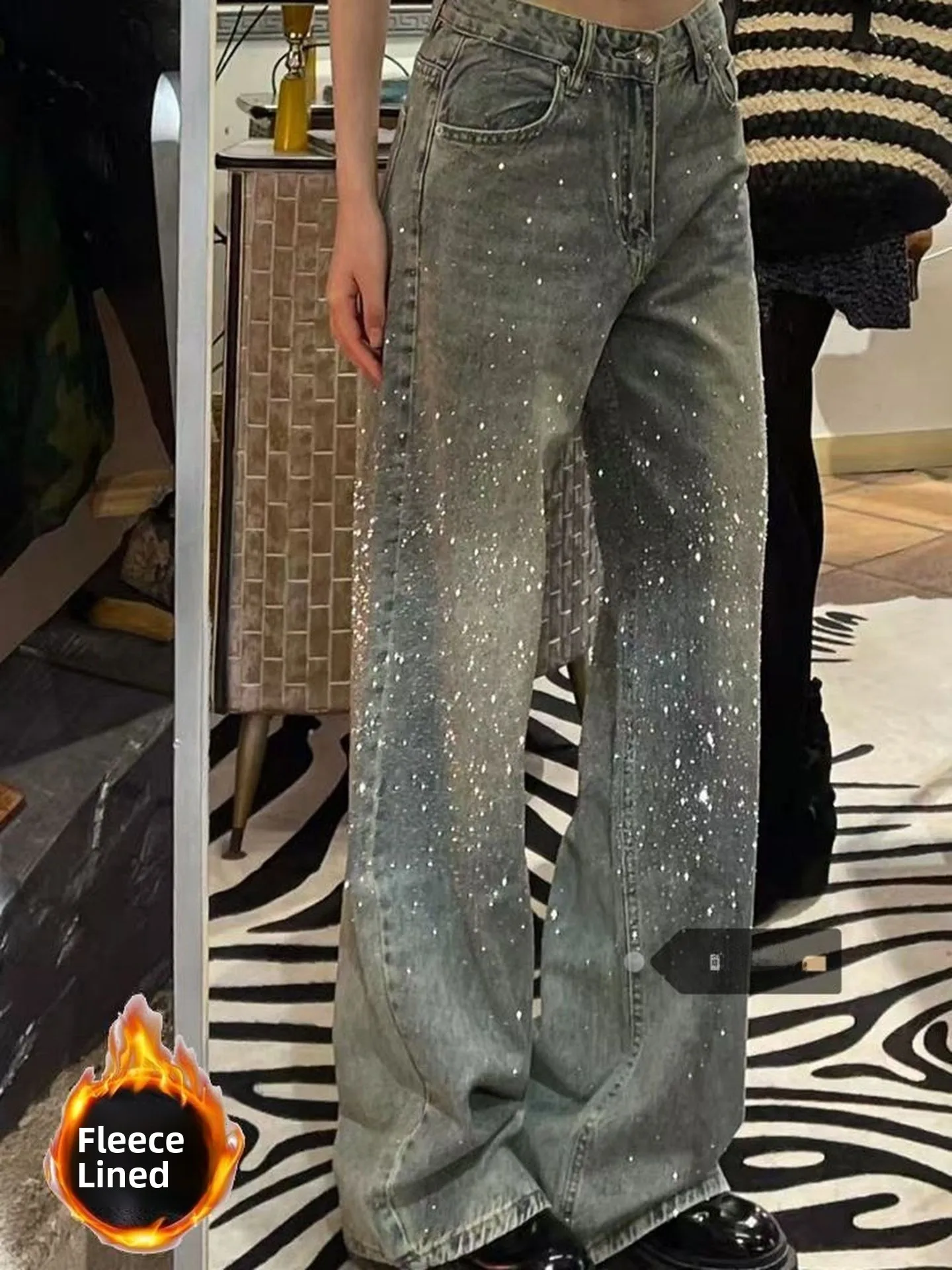 

Ретро Diamond Embellied High Street Fce Lined Широкие джинсы Женские осенне-зимние новые брюки длиной до пола