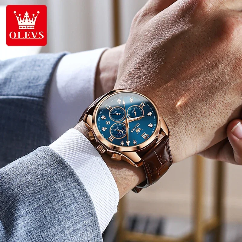 OLEVS 2888 Casual Fashion Rose Gold Men Quartz Watch Multifunctional Chronograph Watch Genuine Leather Watches Reloj
