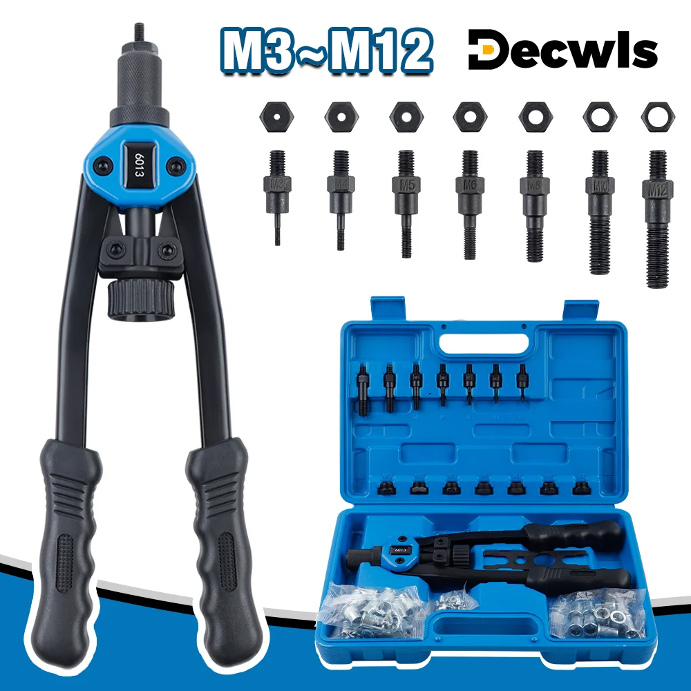 Set di pistole per rivetti manuali, rivettatrice a trazione M3 M4 M5 M6 M8 M10 M12, rivettatrice professionale per uso domestico, strumento per rivetti rapidi fai da te, inclusi 110 rivetti, cassetta degli attrezzi