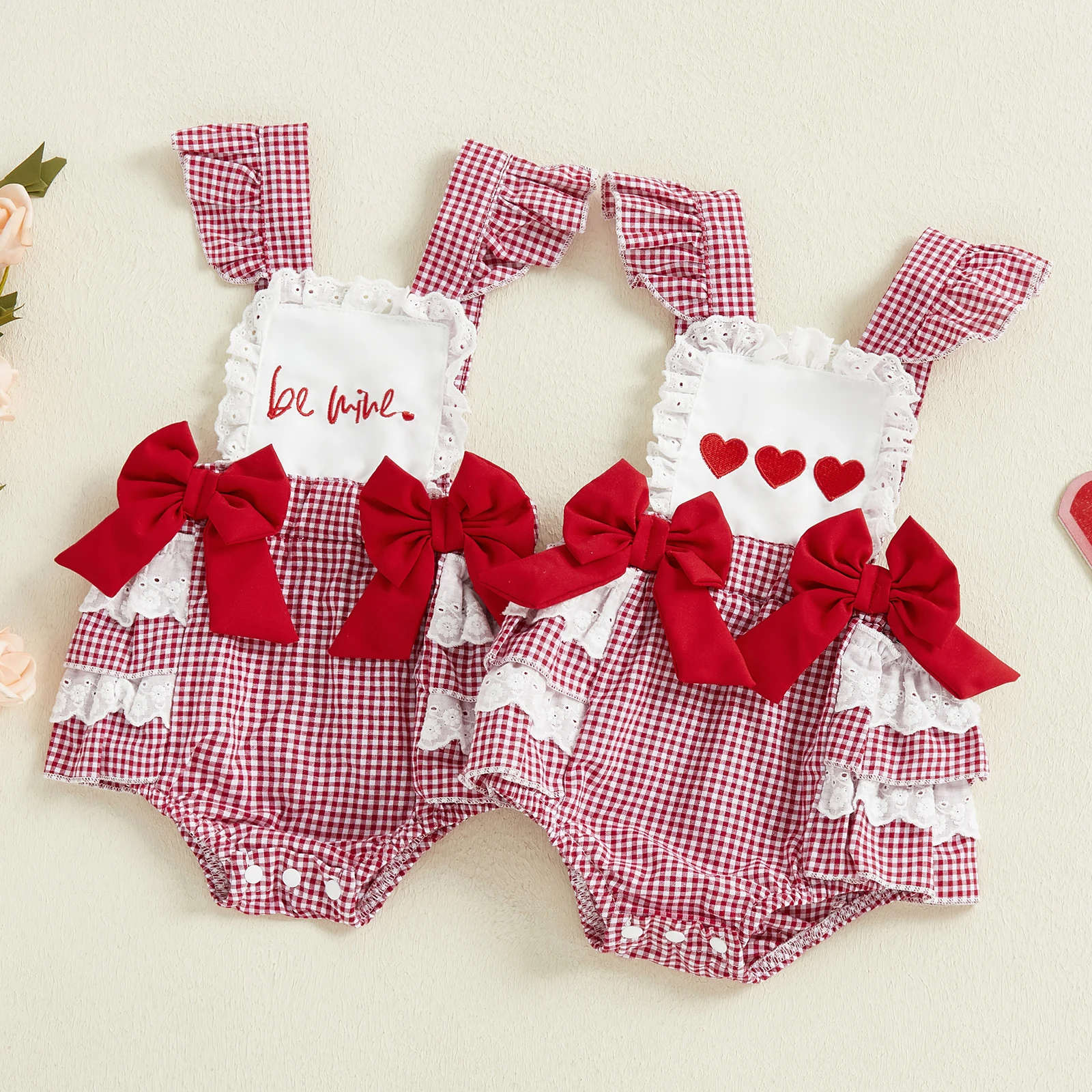 Tregren 0-18M Valentine's Day Infant Baby Girls Rompers Sleeveless Square Collar Lace Ruffled Letter Embroidery Bow Jumpsuit