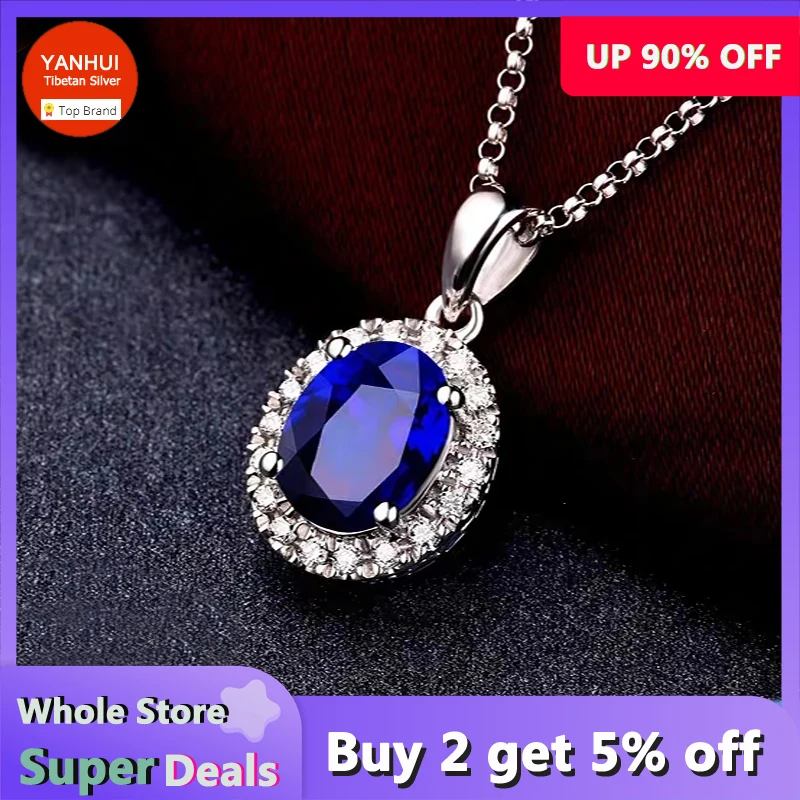 Princess Diana Same Necklace Luxury Created Blue Sapphire Pendant Necklace Women Tibetan Silver Chain Necklace Wedding Jewelry