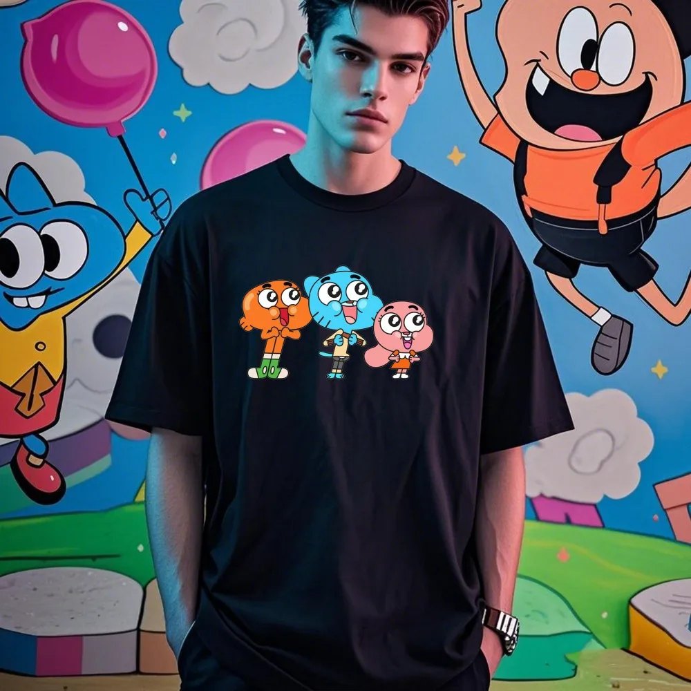 تي شيرت The Amazing World of Gumball Gumball and Darwin بأكمام قصيرة ورقبة دائرية ملابس الشارع الشهير بنمط كلاسيكي من القطن عالي الجودة