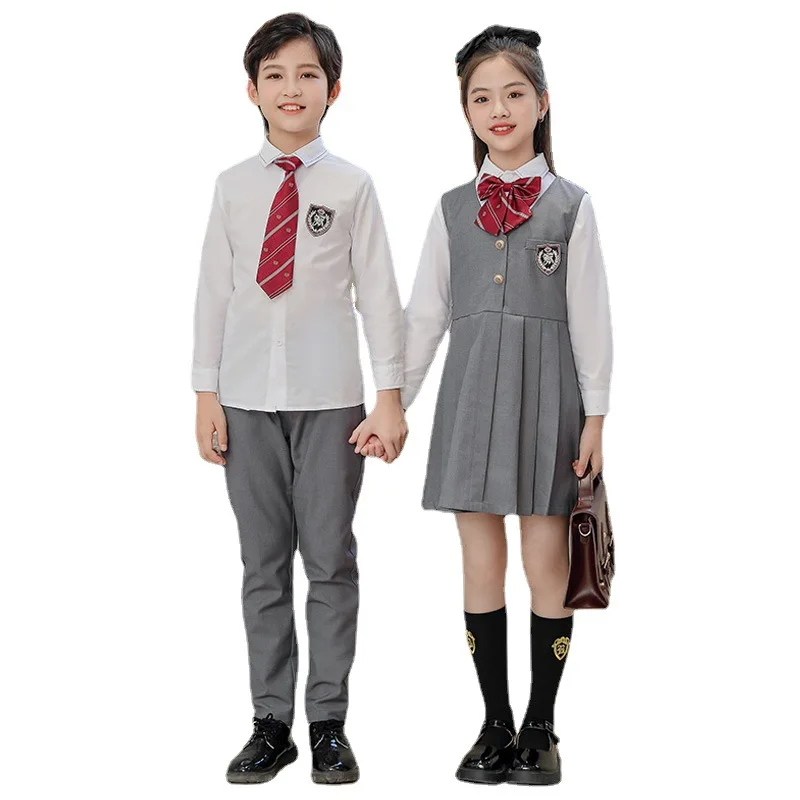 Uniforme escolar japonês para criança, Camisa branca, Vestido de avental plissado cinza, Colete, Calças, Laço para menina, Conjunto de roupas para menino, Roupa de estudante