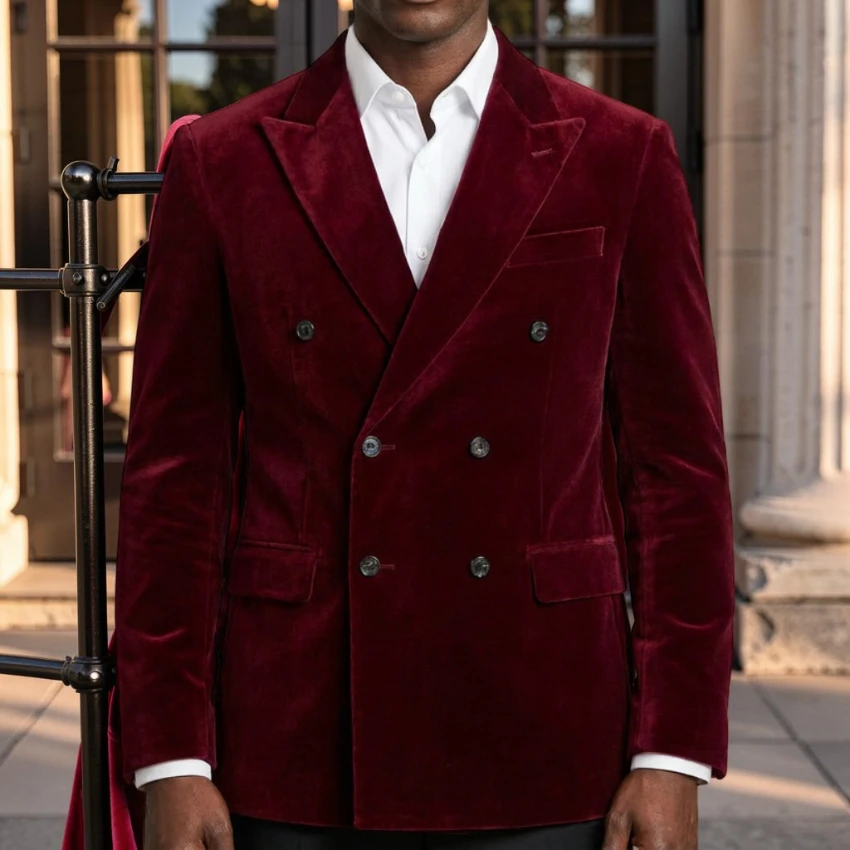 Burgunderroter Samt-Blazer für Herren, Doppelreihig, für Dinner-Partys, Herrenjacke für Abschlussball, 1-teiliger Vintage Smoking-Anzug – Detail 3