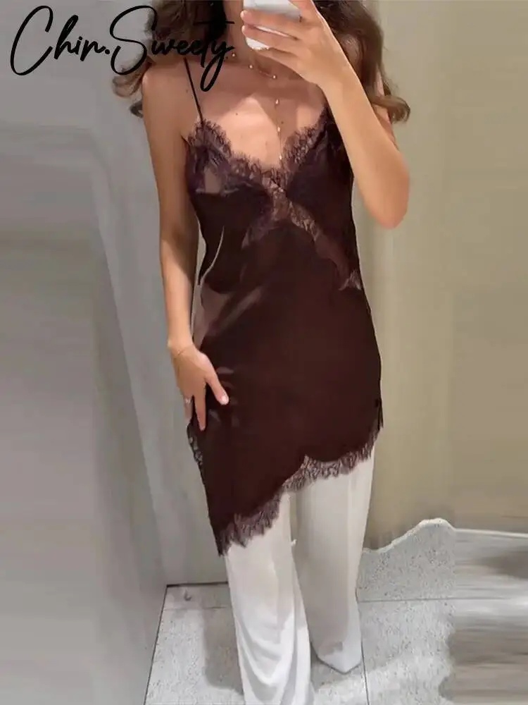 Vintage Brown Lace Patchwork Women Dress Sexy Sleeveless Backless Female Dresses 2025 Summer Autumn Party Lady Robe New