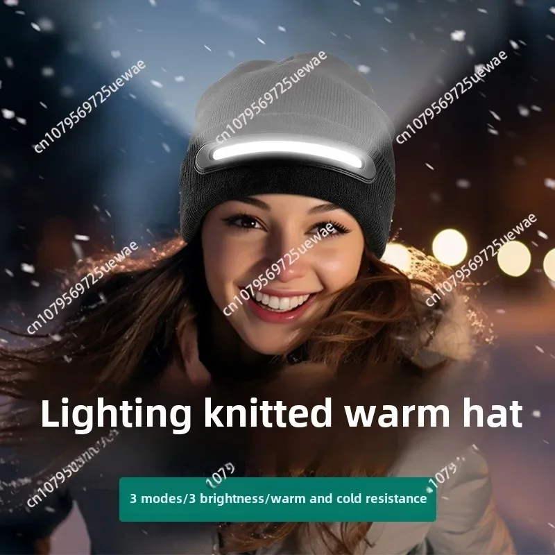 2024 new long strip light with LED lighting charging cap, warm and windproof head wearing knitted wool lamp hat