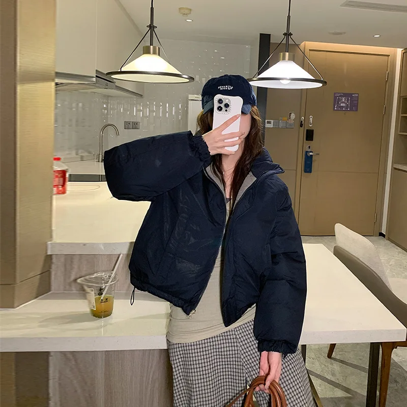 Giacca reversibile imbottita in cotone per donna Colletto rialzato invernale Cappotto spesso in colore a contrasto Giacche calde moda casual coreana