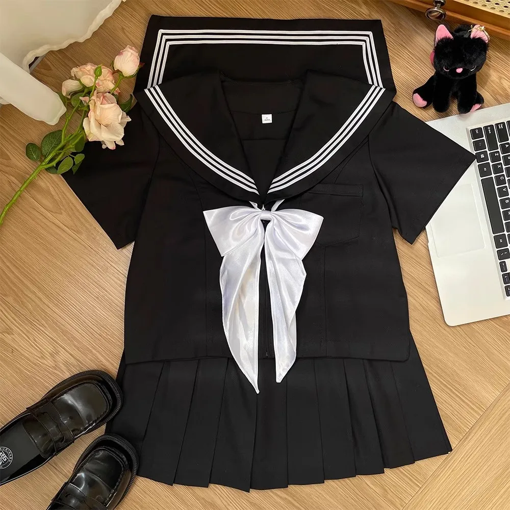 

Japanese Style Sailor Uniform Black Sailor Fuku Jk School Uniform Women's High School Sailor Clothes Tops Seifuku Pleated Skirt