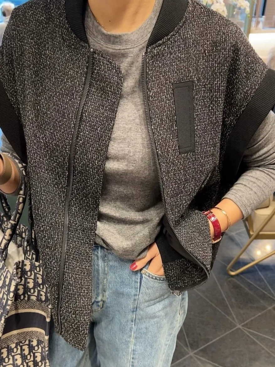 

Chic Autumnal Vintage Anti-Aging Small Stand Collar Loose Casual Versatile Texture Zipper Sle Vest Jaet Women