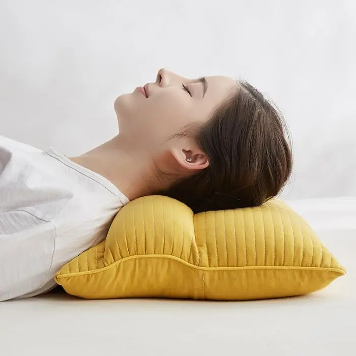 Yellow Ergonomic Cervical Pillow Soft Cotton Quilted Neck Support Cushion for Side Back Sleepers Comfortable Breathable Bed Home