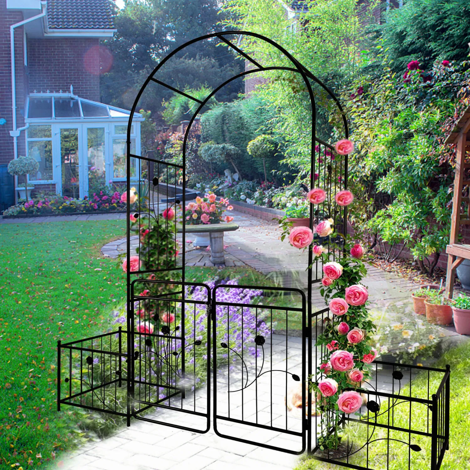 

Metal Garden Arch with Gate 79.5'' Wide x 86.6'' High Climbing Plants Support Rose Arch Outdoor Black