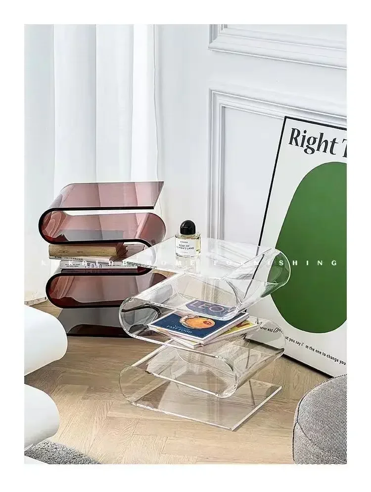 Nordic Minimalist Transparent Bookshelf Acrylic Personality Side Table Living Room Furniture Home Decor Bookshelf Magazine Rack