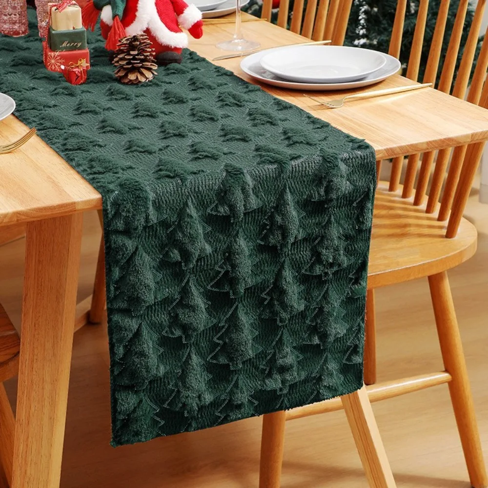 

Plush Embroidered Christmas Tree Table Runner Embossed Design Long Christmas Table Cover Rectangular Dining Tablecloth Festive