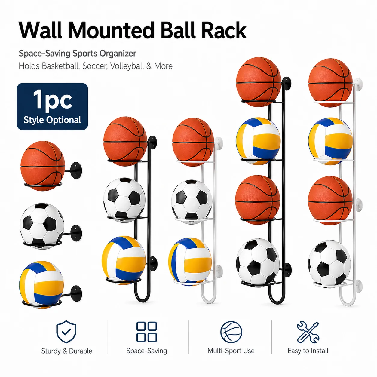 Support mural pour ballons, organisateur à 3/4 niveaux en métal robuste pour le basketball, le football, le volley-ball, gain de place pour garage et maison