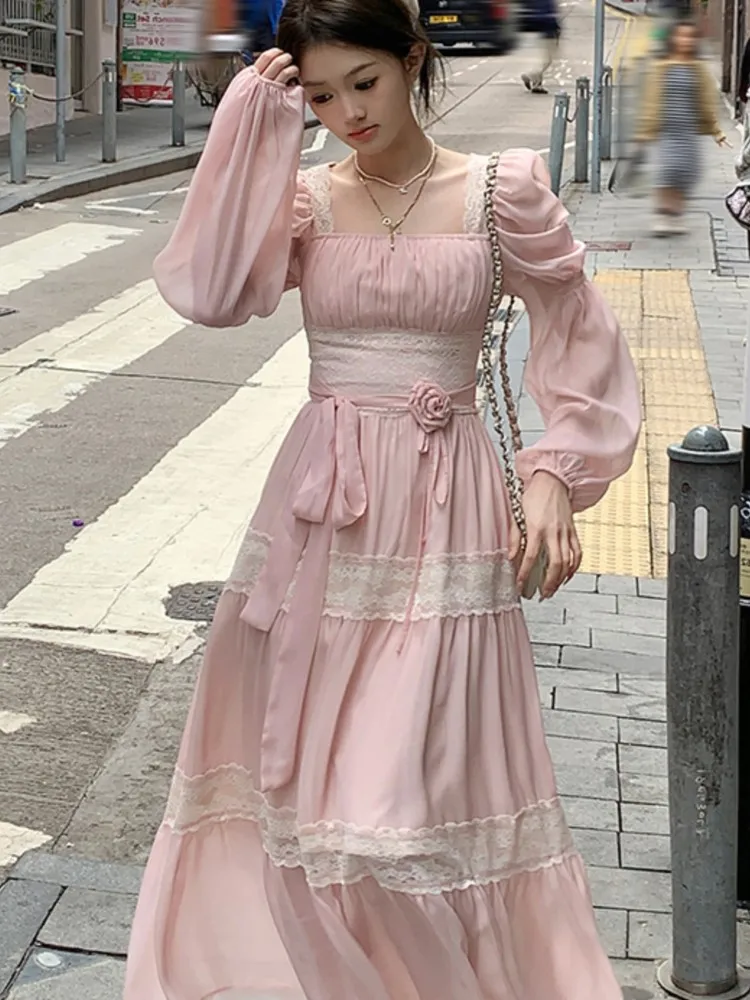 Vestido de encaje de manga abullonada para mujer, traje de gasa de cintura alta, Estilo Vintage francés, Y2K, Lolita, Fairycore, para fiesta de noche y graduación