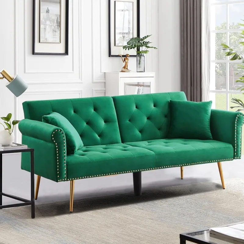 

Velvet Futon Sofa Bed Convertible Folding Sleeper Couch With Pillows Tufted Recliner With Golden Metal Legs For Living Room