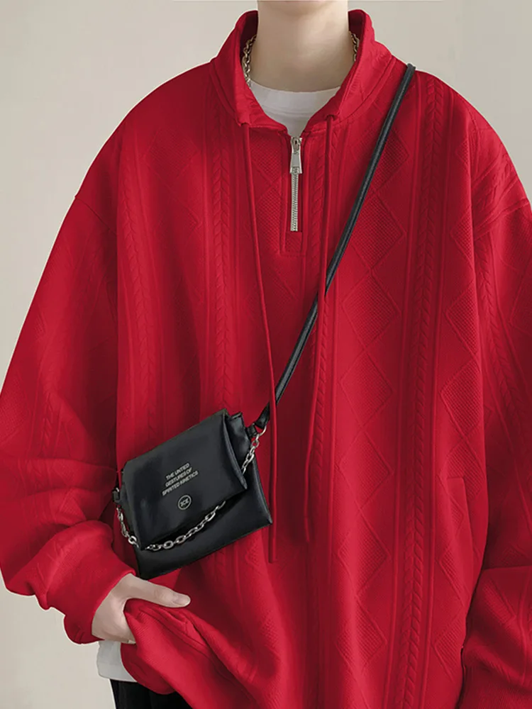 

Красная мужская толстовка с высоким воротником на молнии, весенне-осенняя, модная, брендовая, с текстурой, американский стиль, большие размеры, плотная, к празднику Года Дракона