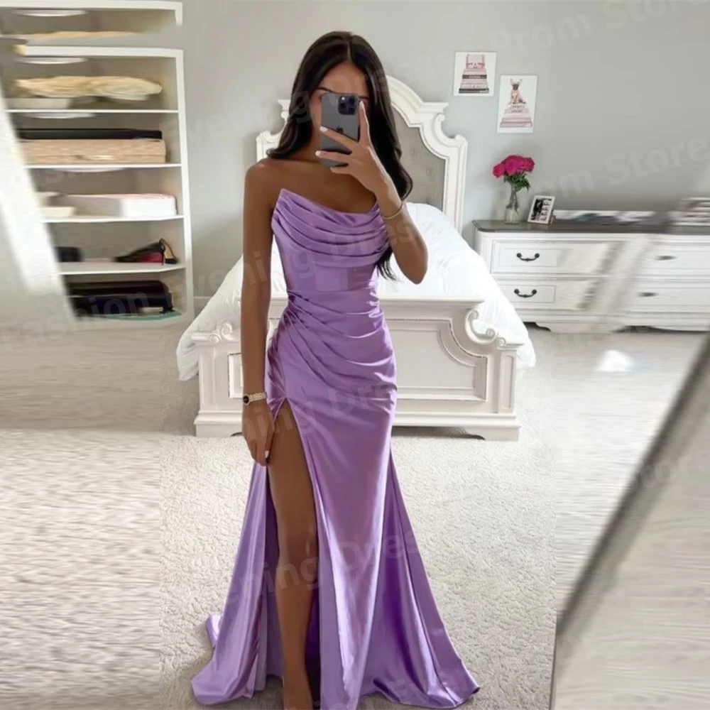 

Sexy Women Mermaid Evening Dresses Strapless Slit Prom Gowns Customized شارون سعيد فساتين سهره Pleated Sleeveless فساتين سهرة
