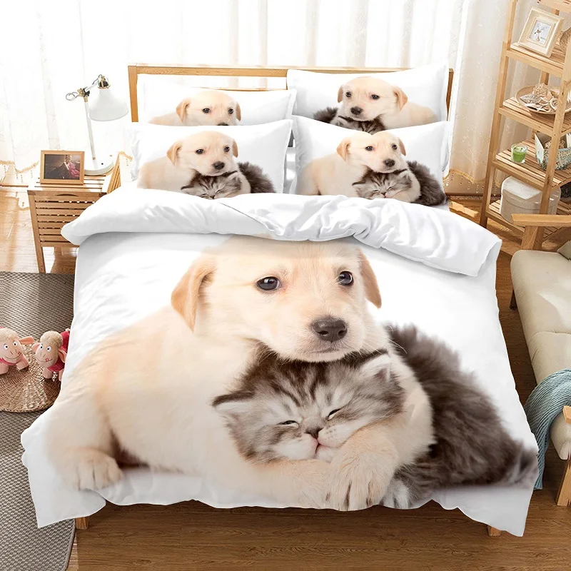 

3D Digital - Printed Gentle Cat and Dog Pattern Bed Linen Set - Fashion Design Comforter Cover with Pillowcases (3 - Piece Set)