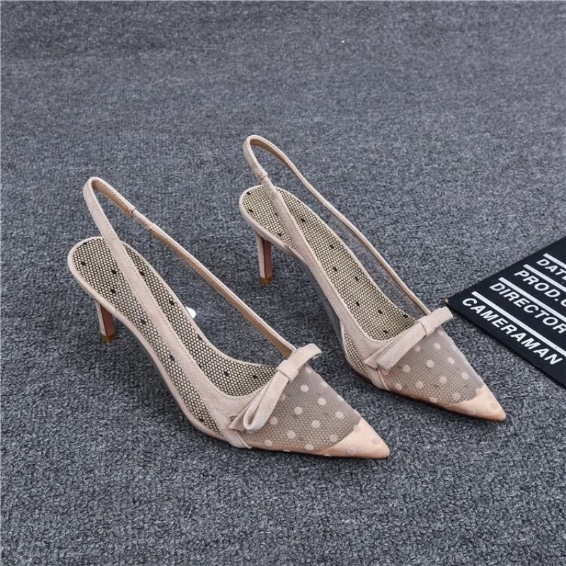 Women\'s Pumps Shoes Summer Fashion Pointy Bow Mesh Breathable Stiletto Heel Shallow Sandals Women Zapatos De Mujer Talon Femme