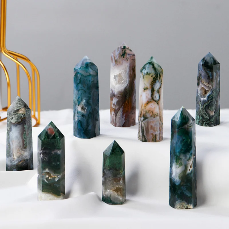 1PC Natural Moss Agate Crystal Tower Energy Generator Healing Stone Halloween Home Decor Gemstone Gift