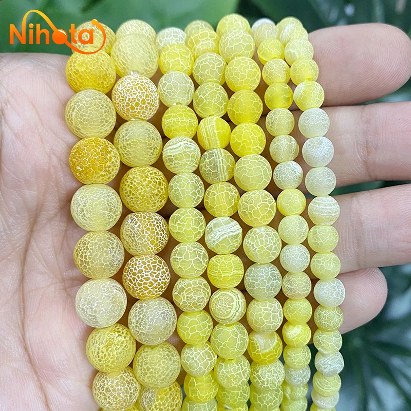 Frost Cracked Crab Yellow Agates Round Beads 15