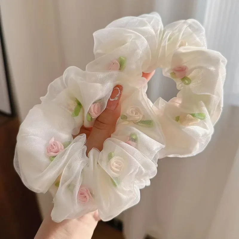 Французские романтические двухслойные ленты для волос с цветком розы для девочек, сетчатые резинки для волос с толстой кишкой, веревка, женские украшения для волос