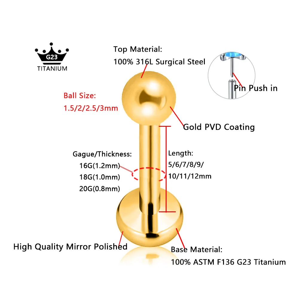 ASTM F136 G23 التيتانيوم السلس الكرة الخيوط ثقب القمر دبوس دفع في Labret مسمار محارة Daith الزنمة القرط 16 جرام 18 جرام 20 جرام
