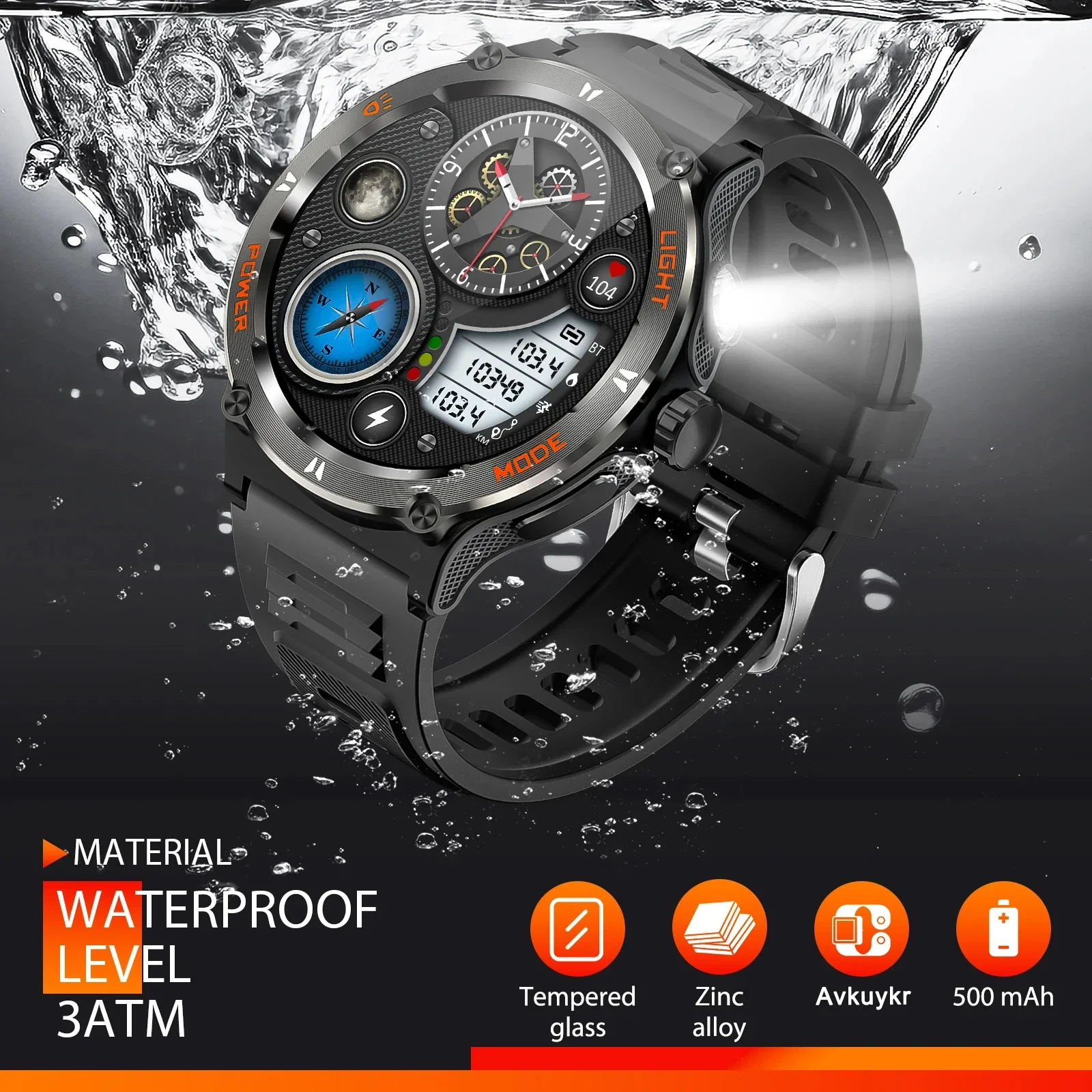 500Mah B Attery LED Strong Flashlight Bluetooth Call Smart Watch New 1.53-inch Outdoor Men 3ATM Waterproof Smart Watch