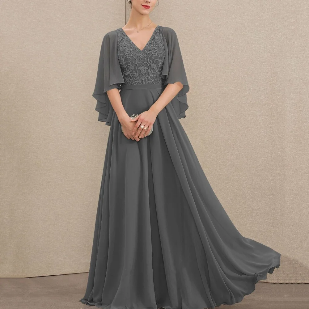 

Customized V Neck Mother Dresses A Line Formal Bride Party Dress Lace Floor Length Elegant Occasion Gown robes invitée mariage