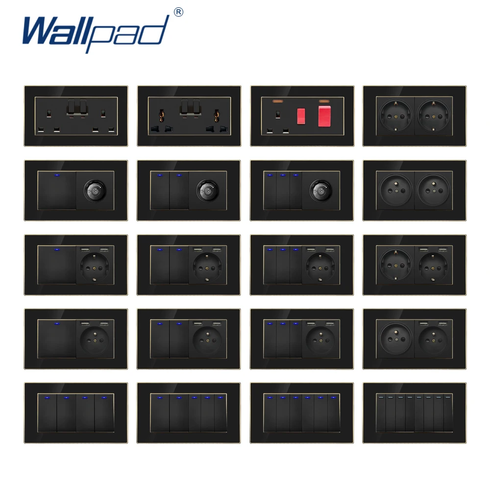 Wallpad Black Acrylic Panel With Rosy Gold Border Wall Light Switch LED USB EU Socket 5 6 7 8 Gang 2 Way Reset 146*86mm