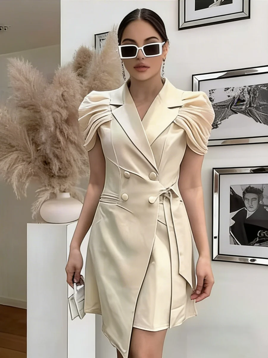 

Элегантное офисное платье-блейзер BJTZ 2026 для женщин: мини-платье с отложным воротником, коротким рукавом, приталенное, подчеркивающее талию