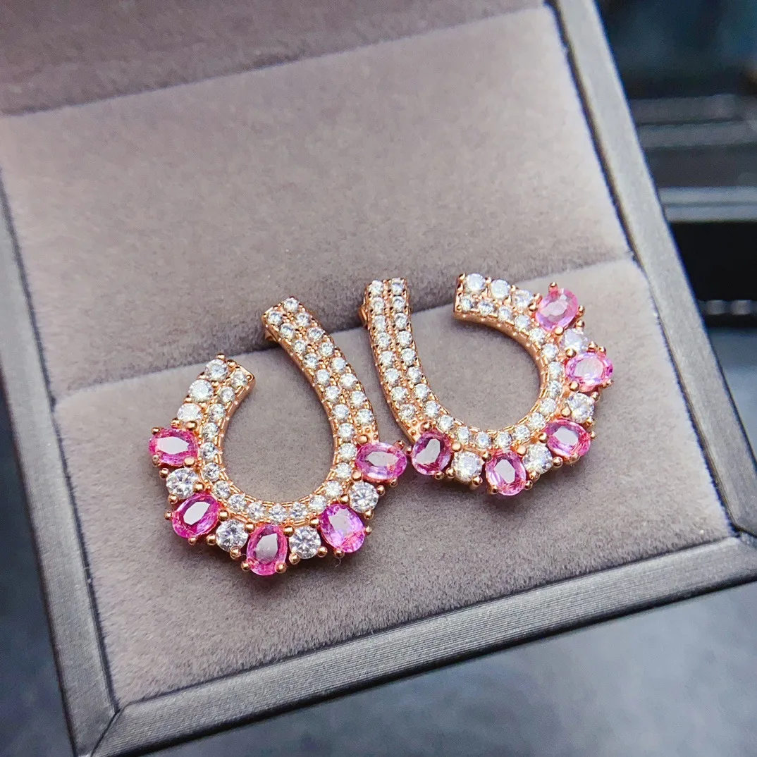 S925 Sterling Silver Rose‑Gold Plated Natural Pink Sapphire Earrings,3*4mm Oval Gemstone C‑Shaped Inlaid Zircon, Elegant Jewelry