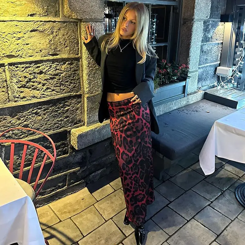 European and American Lace Leopard Print Elastic Waist Skirt for Women, Versatile and Slimming Long Skirt