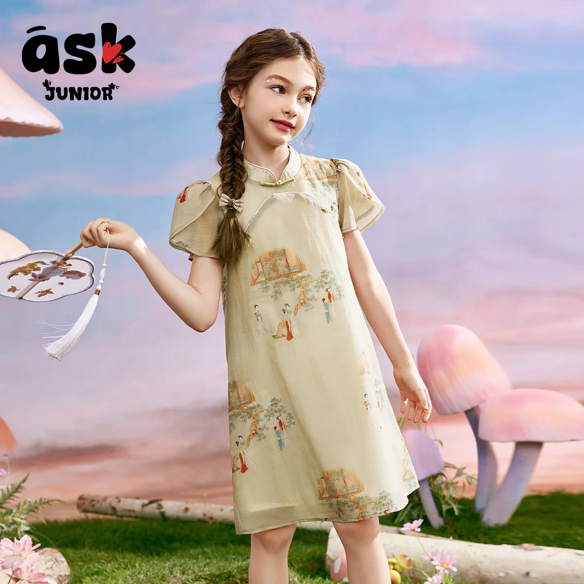 ASK JUNIOR ملابس صيفية للفتيات فستان شيونغسام صيني جديد مطبوع عتيقًا على الطراز الوطني #2